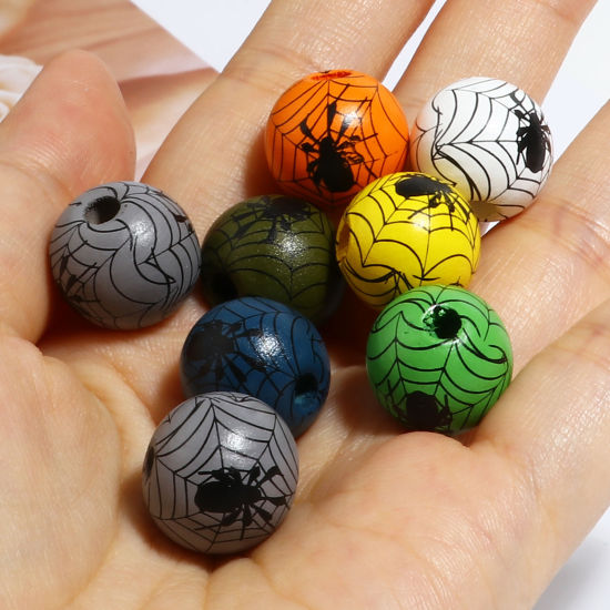 Picture of Natural Wood Spacer Beads Round Multicolor Halloween Spider About 16mm Dia., Hole: Approx 4.5mm - 3.6mm, 20 PCs