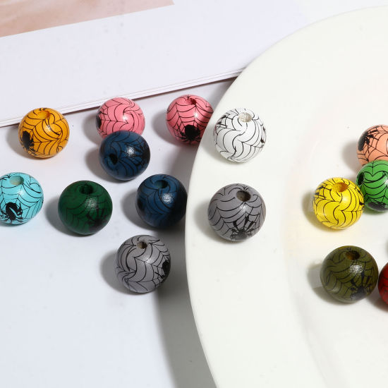 Picture of Natural Wood Spacer Beads Round Multicolor Halloween Spider About 16mm Dia., Hole: Approx 4.5mm - 3.6mm, 20 PCs