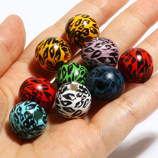 Image de Perles en Bois Naturel Rond Multicolore Léopard 16mm Dia, Trou: env. 4.5mm - 3.6mm, 20 Pcs
