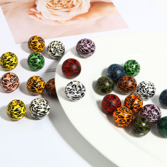 Image de Perles en Bois Naturel Rond Multicolore Léopard 16mm Dia, Trou: env. 4.5mm - 3.6mm, 20 Pcs