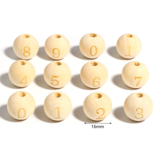 Image de Perles en Bois Rond Couleur Naturelle Chiffres 16mm Dia, Trou: env. 4.5mm - 3.6mm, 20 Pcs