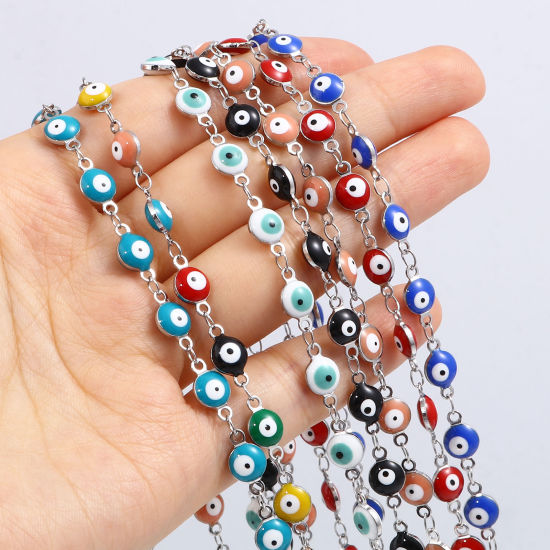 Imagen de Acero Inoxidable Religión Collares Ronda Mal de ojo Tono de Plata Multicolor Esmalte 50cm longitud, 1 Unidad