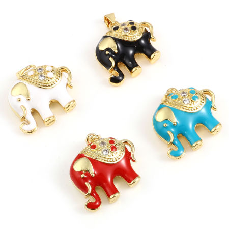 Picture of Brass Charm Pendant Gold Plated Multicolor Elephant Animal Enamel Clear Cubic Zirconia 24mm x