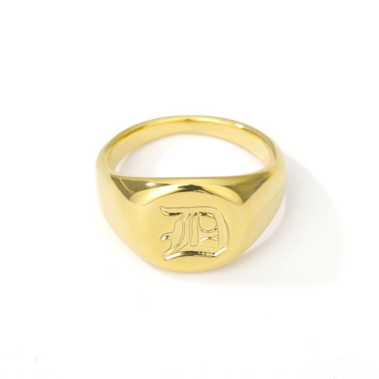 Picture of Brass Unadjustable Rings Gold Plated Round Initial Alphabet/ Capital Letter 17.3mm(US Size 7), 1 Piece                                                                                                                                                        