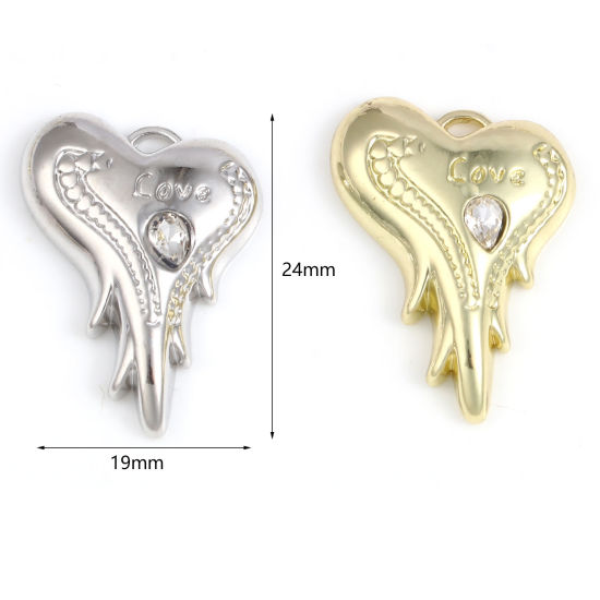 Immagine di Lega di Zinco San Valentino Charms Cuore Multicolore Ali Lettere " LOVE " Trasparente Strass 24mm x 19mm , 5 Pz