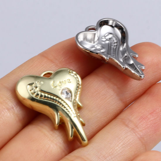 Immagine di Lega di Zinco San Valentino Charms Cuore Multicolore Ali Lettere " LOVE " Trasparente Strass 24mm x 19mm , 5 Pz