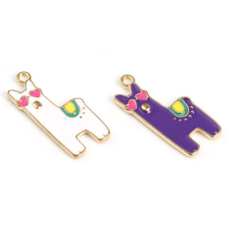 Picture of Zinc Based Alloy Charms Alpaca Animal Gold Plated Multicolor Enamel 27mm x 12mm, 10 PCs
