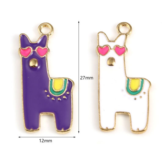 Immagine di Lega di Zinco Charms Alpaca Animale Oro Placcato Multicolore Smalto 27mm x 12mm , 10 Pz
