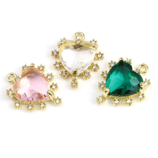 Immagine di Lega di Zinco + Vetro San Valentino Charms Cuore Oro Placcato Multicolore Trasparente Strass 21mm x 17mm , 5 Pz