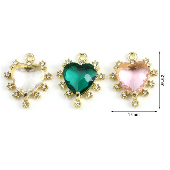 Immagine di Lega di Zinco + Vetro San Valentino Charms Cuore Oro Placcato Multicolore Trasparente Strass 21mm x 17mm , 5 Pz
