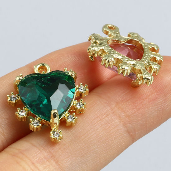 Immagine di Lega di Zinco + Vetro San Valentino Charms Cuore Oro Placcato Multicolore Trasparente Strass 21mm x 17mm , 5 Pz