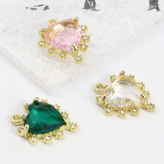 Immagine di Lega di Zinco + Vetro San Valentino Charms Cuore Oro Placcato Multicolore Trasparente Strass 21mm x 17mm , 5 Pz