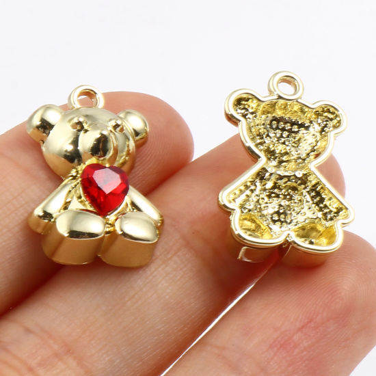 Immagine di Lega di Zinco San Valentino Charms Orso Oro Placcato Cuore Multicolore Strass 20mm x 14mm , 5 Pz