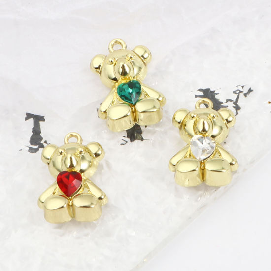 Immagine di Lega di Zinco San Valentino Charms Orso Oro Placcato Cuore Multicolore Strass 20mm x 14mm , 5 Pz