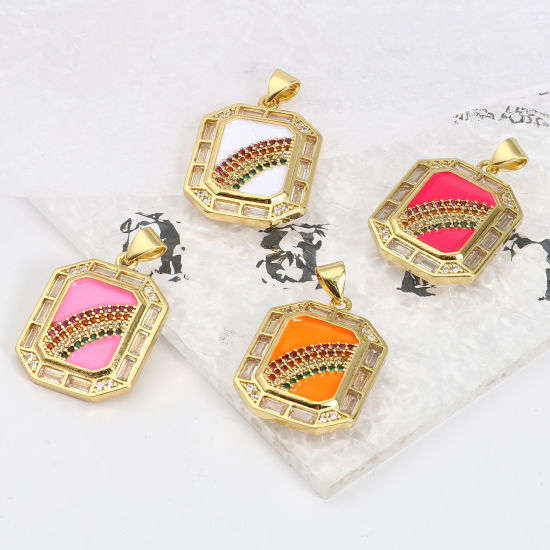 Image de 1 Pièce Pendentif Breloque Collection de Météo en Laiton Doré Multicolore Polygone Émail à Strass Coloré à Zircone Cubique Clair 28mm x 18mm
