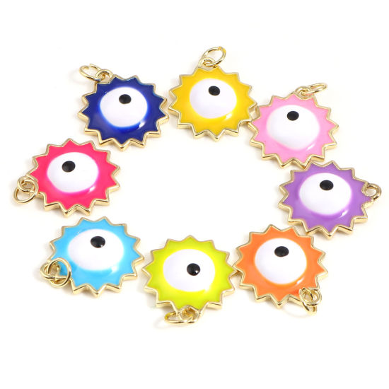 Image de Breloques Religieux en Laiton Soleil Doré Multicolore Œil Mauvais Émail 22mm x 17mm, 1 Pièce