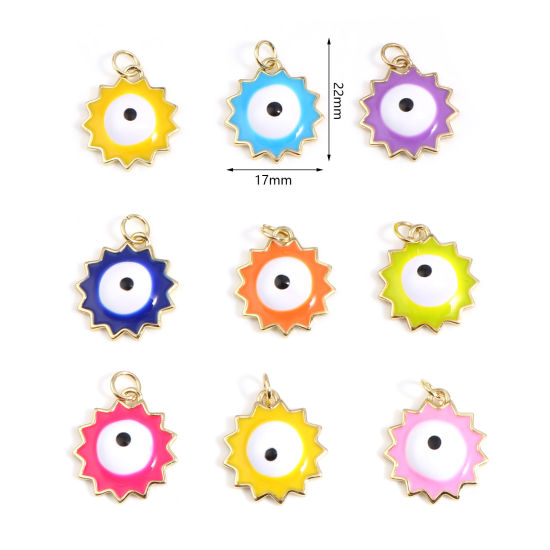 Image de Breloques Religieux en Laiton Soleil Doré Multicolore Œil Mauvais Émail 22mm x 17mm, 1 Pièce