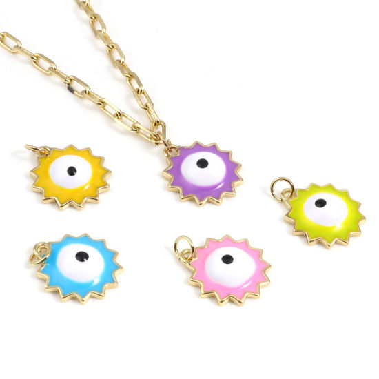 Image de Breloques Religieux en Laiton Soleil Doré Multicolore Œil Mauvais Émail 22mm x 17mm, 1 Pièce