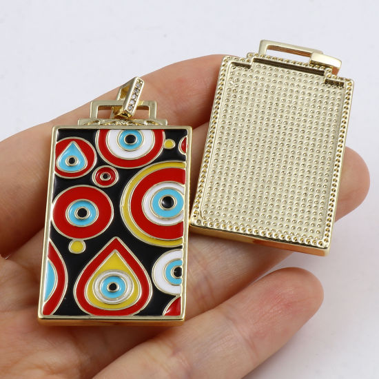 Image de 1 Pièce Pendentifs Religieux en Laiton Rectangle Plaqué Or Véritable 18K Multicolore Œil Mauvais Émail