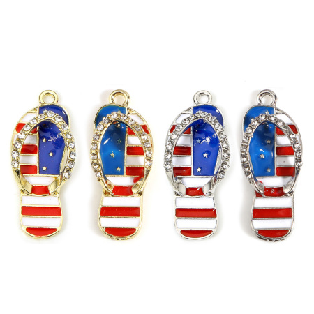 Zinc Based Alloy Sport Pendants Flip Flops Slipper Multicolor Flag Of The United States Clear Rhinestone 33mm x 12mm, 5 PCs