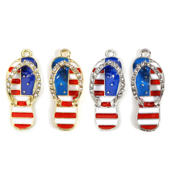 Picture of Zinc Based Alloy Sport Pendants Flip Flops Slipper Multicolor Flag Of The United States Clear Rhinestone 33mm x 12mm, 5 PCs