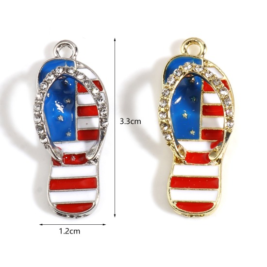 Picture of Zinc Based Alloy Sport Pendants Flip Flops Slipper Multicolor Flag Of The United States Clear Rhinestone 33mm x 12mm, 5 PCs