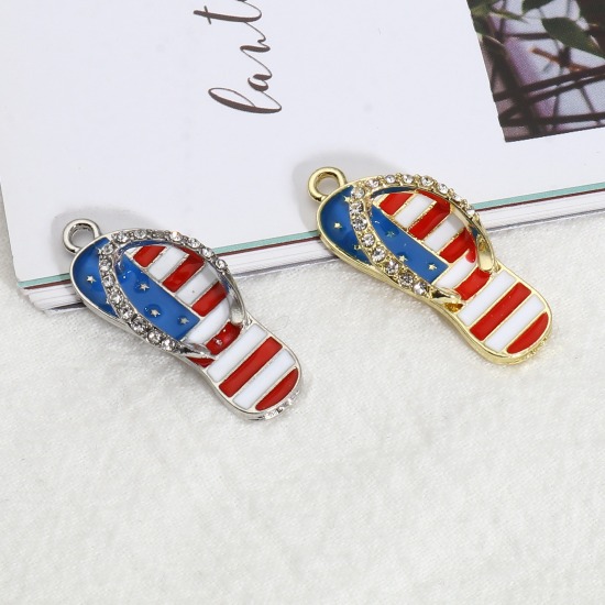 Picture of Zinc Based Alloy Sport Pendants Flip Flops Slipper Multicolor Flag Of The United States Clear Rhinestone 33mm x 12mm, 5 PCs