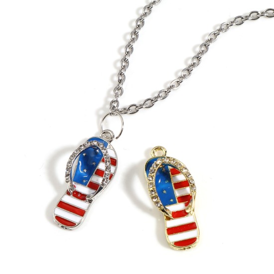 Picture of Zinc Based Alloy Sport Pendants Flip Flops Slipper Multicolor Flag Of The United States Clear Rhinestone 33mm x 12mm, 5 PCs