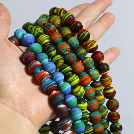 Picture of Lampwork Glass Beads Round Multicolor Stripe About 12mm Dia, Hole: Approx 2mm, 10 PCs