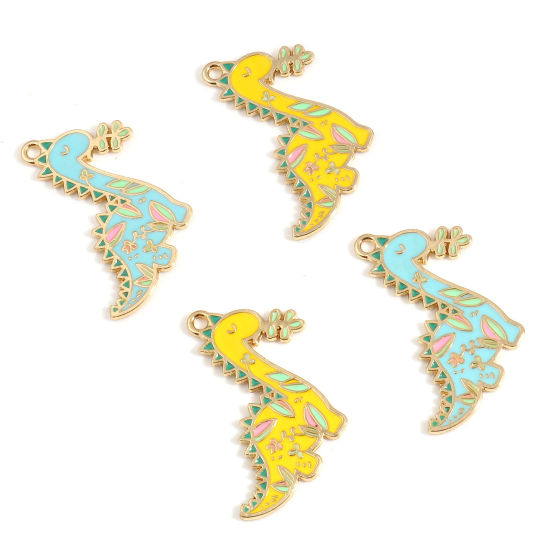 Immagine di Lega di Zinco Ciondoli Dinosauro Oro Placcato Multicolore Smalto 34mm x 32mm , 10 Pz