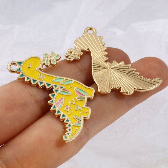 Immagine di Lega di Zinco Ciondoli Dinosauro Oro Placcato Multicolore Smalto 34mm x 32mm , 10 Pz