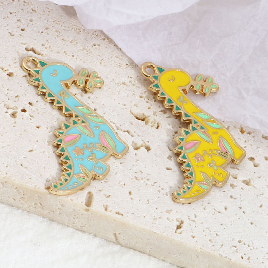 Immagine di Lega di Zinco Ciondoli Dinosauro Oro Placcato Multicolore Smalto 34mm x 32mm , 10 Pz