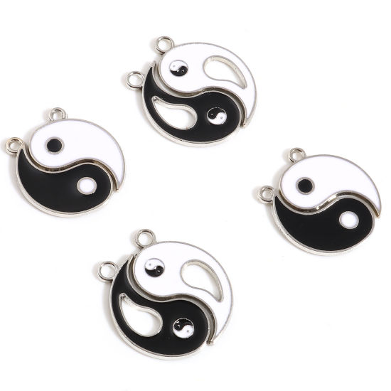 Picture of Zinc Based Alloy Religious Charms Yin Yang Eight Diagrams Silver Tone Black & White Amoeba Enamel 10 Sets ( 2 PCs/Set)