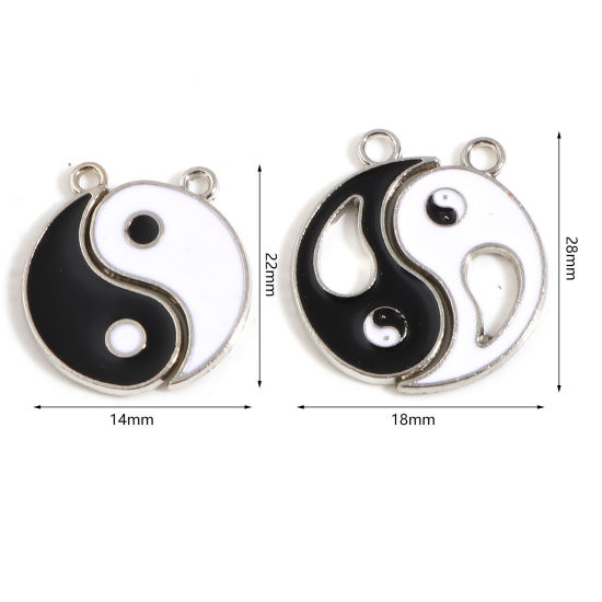 Picture of Zinc Based Alloy Religious Charms Yin Yang Eight Diagrams Silver Tone Black & White Amoeba Enamel 10 Sets ( 2 PCs/Set)