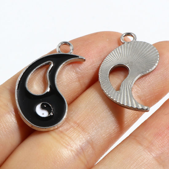 Picture of Zinc Based Alloy Religious Charms Yin Yang Eight Diagrams Silver Tone Black & White Amoeba Enamel 10 Sets ( 2 PCs/Set)