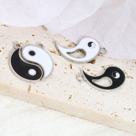 Picture of Zinc Based Alloy Religious Charms Yin Yang Eight Diagrams Silver Tone Black & White Amoeba Enamel 10 Sets ( 2 PCs/Set)