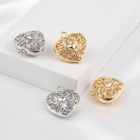 Изображение Латунь День святого Валентина Подвески Сердце Разноцветный Ажурный Цветок Прозрачный Страз 21мм x 19мм, 2 ШТ