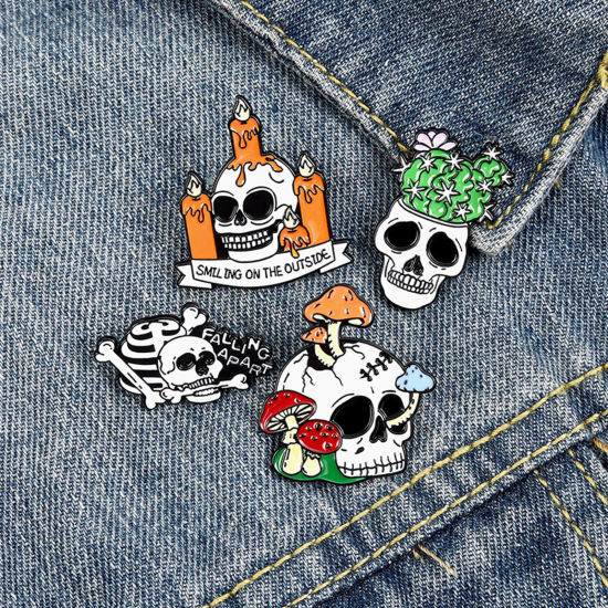 Picture of Halloween Pin Brooches Skull Multicolor Enamel 1 Piece