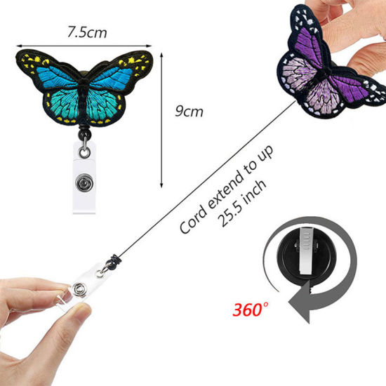 Image de Clip escamotable de bobine d'insigne de papillon brodé par tissu avec des supports de carte d'identité de PVC