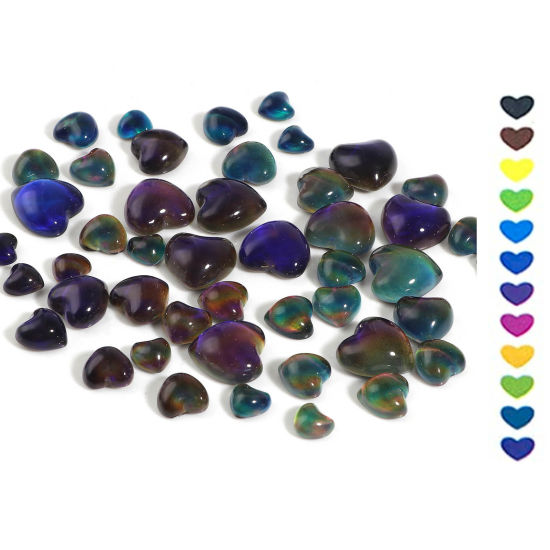 Image de Cabochons d'Embellissement en Verre Détection de Température de Changement de Couleur Cœur Dos Plat Multicolore 5 Pcs