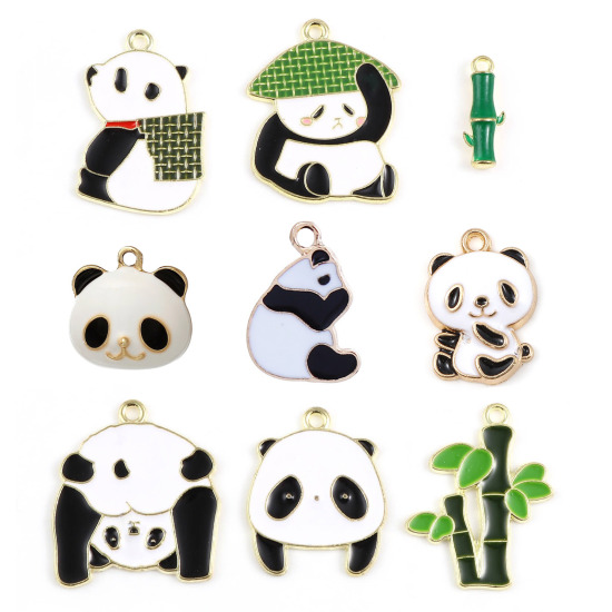 Immagine di Lega di Zinco Charms Panda Oro Placcato Multicolore Bambù Smalto 10 Pz