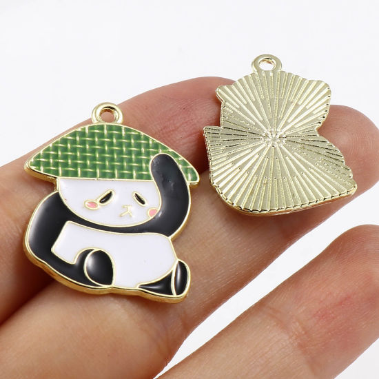Immagine di Lega di Zinco Charms Panda Oro Placcato Multicolore Bambù Smalto 10 Pz