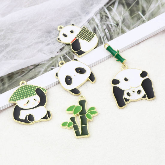 Immagine di Lega di Zinco Charms Panda Oro Placcato Multicolore Bambù Smalto 10 Pz