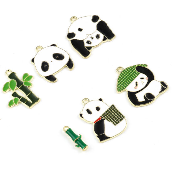 Immagine di Lega di Zinco Charms Panda Oro Placcato Multicolore Bambù Smalto 10 Pz