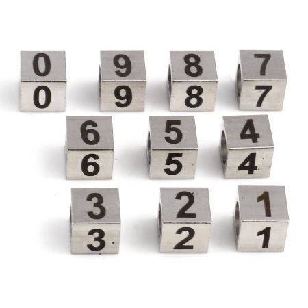 Picture of Stainless Steel Beads Square Silver Tone Black Number 7mm x 7mm, Hole: Approx 5.1mm, 1 Piece