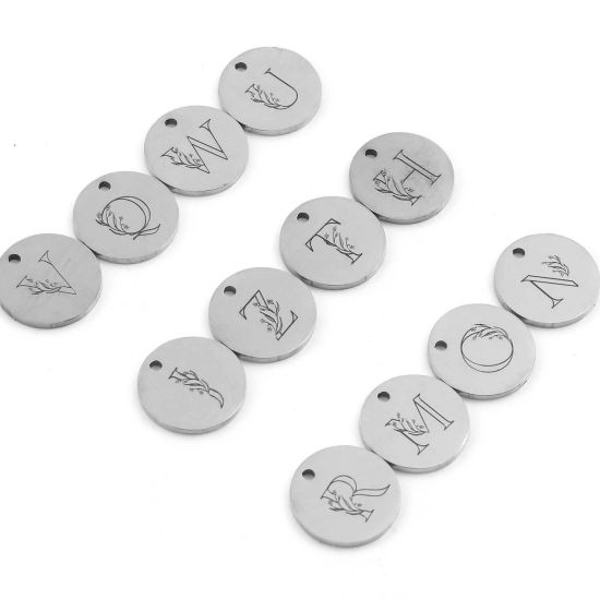 Immagine di Acciaio Inossidabile Charms Tondo Tono Argento Lettera Maiuscola 15mm Dia., 1 Pz