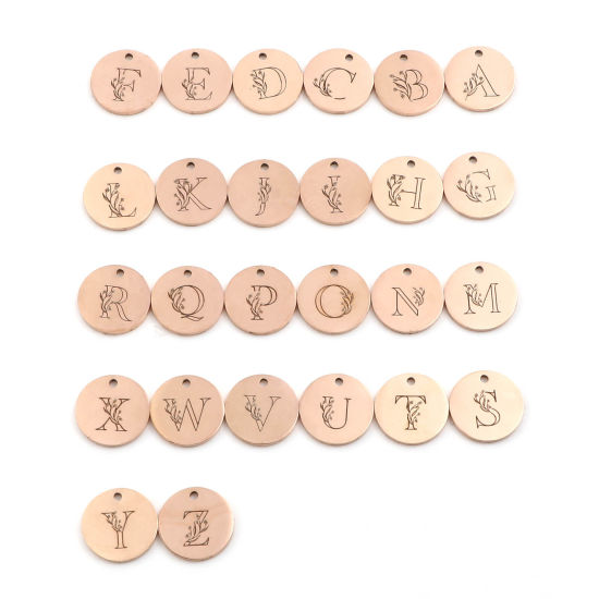 Immagine di Acciaio Inossidabile Charms Tondo Oro Rosa Lettera Maiuscola 15mm Dia., 1 Pz