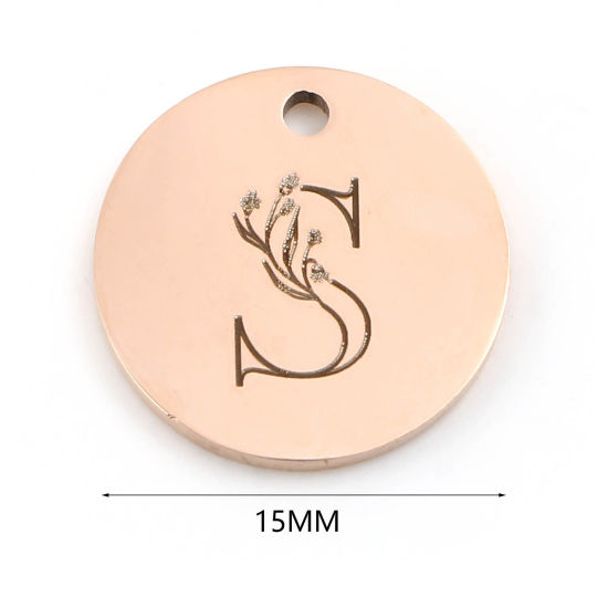 Immagine di Acciaio Inossidabile Charms Tondo Oro Rosa Lettera Maiuscola 15mm Dia., 1 Pz