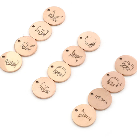 Immagine di Acciaio Inossidabile Charms Tondo Oro Rosa Lettera Maiuscola 15mm Dia., 1 Pz