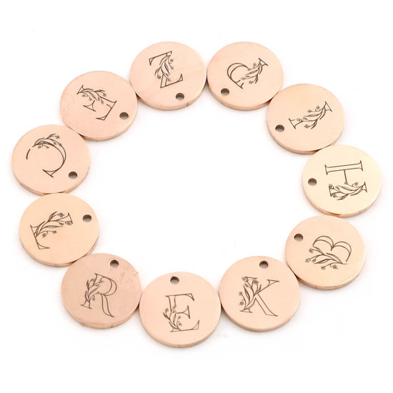Immagine di Acciaio Inossidabile Charms Tondo Oro Rosa Lettera Maiuscola 15mm Dia., 1 Pz